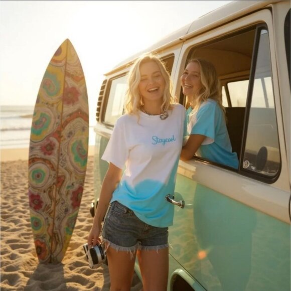 Sky Dye Graphic Tee – by Staycoolnyc Blue White Ombre Cotton Summer Casual M - Picture 3 of 3